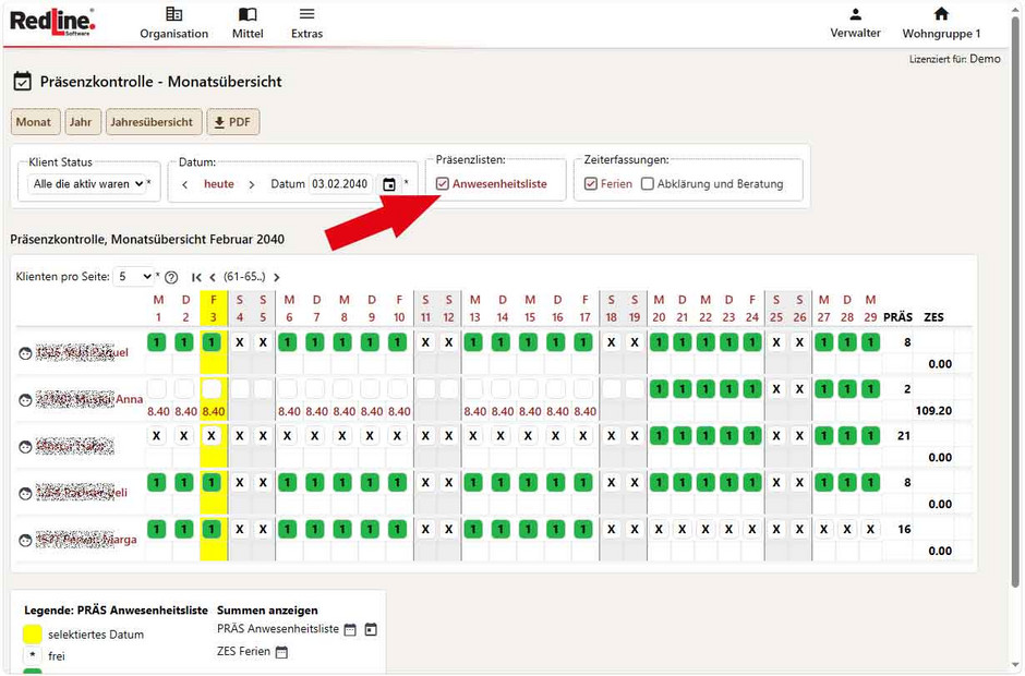 Präsenzliste Monatsübersicht